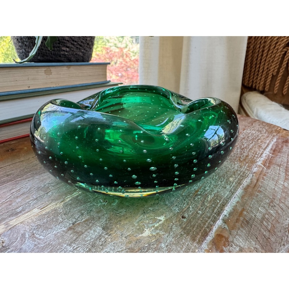 Vintage Emerald Green Erickson Art Glass Ashtray Controlled Bubble Catchall